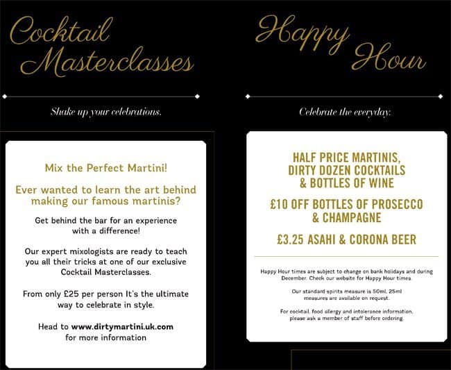 Dirty Martini Menu, Menu for Dirty Martini, City of London, London