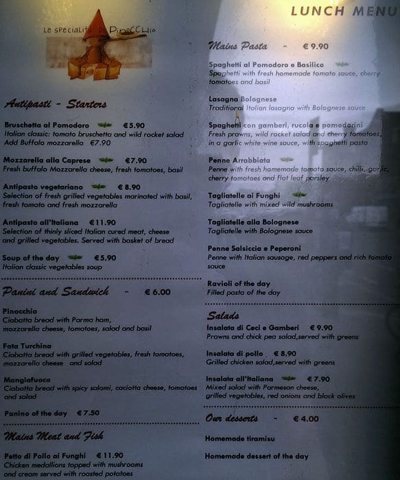 Pinocchio Menu, Menu for Pinocchio, Ranelagh, Dublin Zomato Ireland