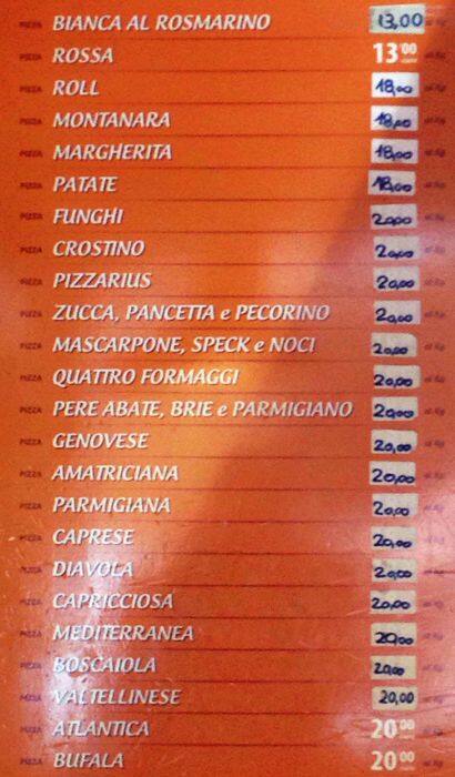Menu di Pizzarius 
