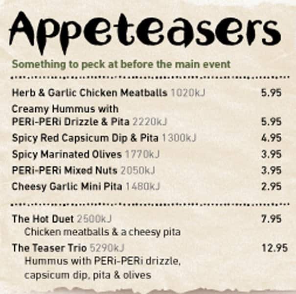 Menu at Nando's restaurant, Prospect