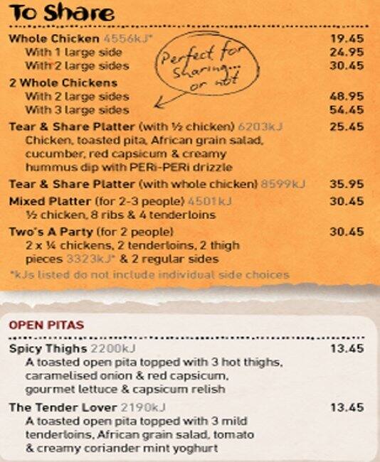 Menu at Nando's restaurant, Prospect