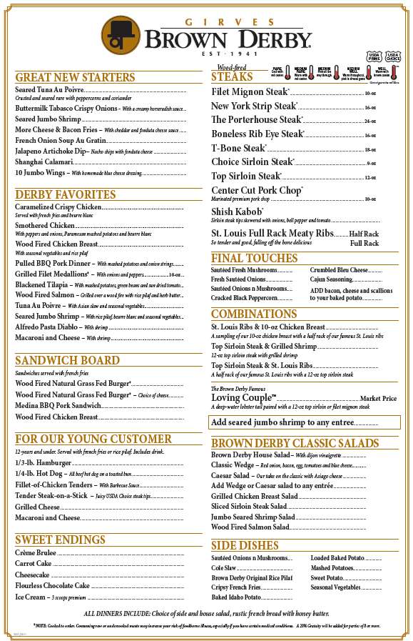 Girves Brown Derby Menu, Menu for Girves Brown Derby, Mentor, Cleveland