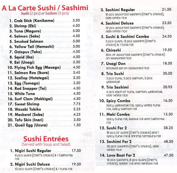 Menu at Mt Fuji restaurant, Parker, Lincoln Ave