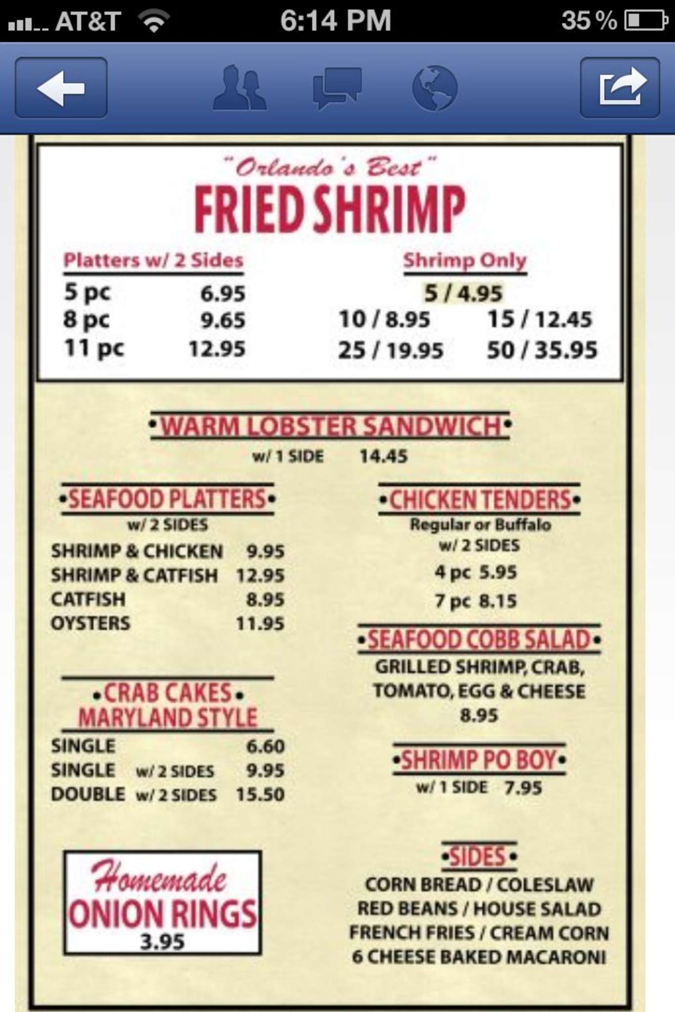 Menu at Stonington's Fried Shrimp restaurant, Orlando