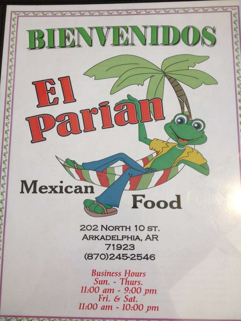 Menu at el Parian restaurant, Arkadelphia