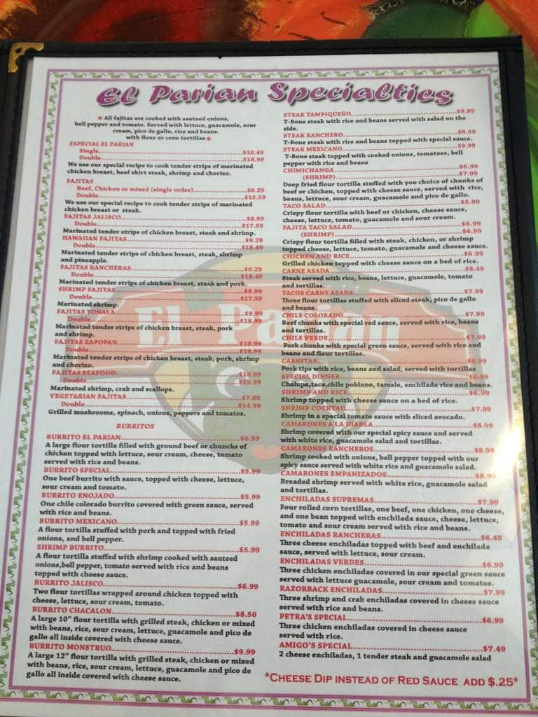 Menu at el Parian restaurant, Arkadelphia