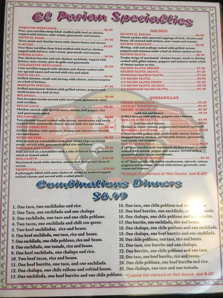 Menu at el Parian restaurant, Arkadelphia