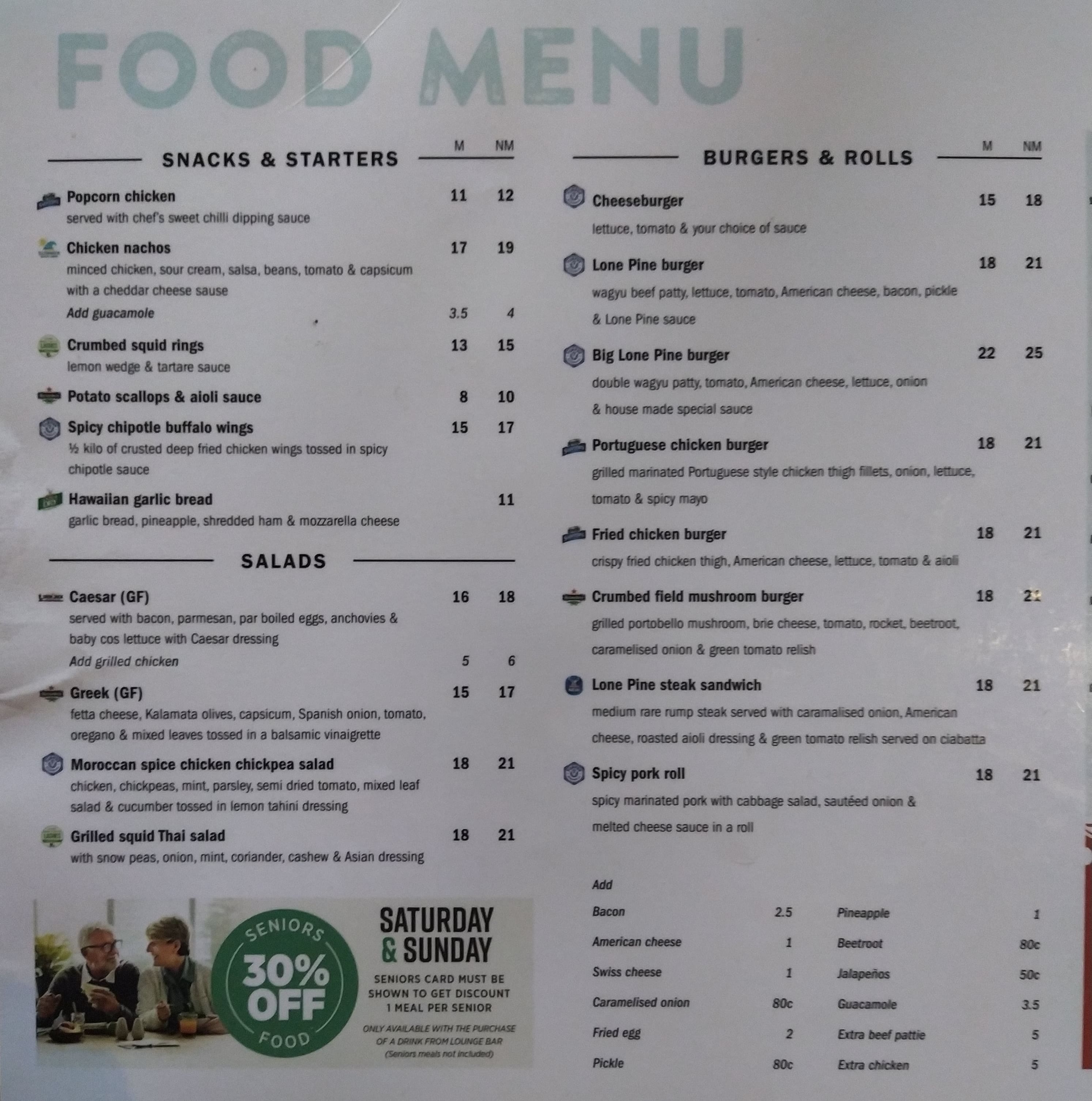Menu at Lone Pine Tavern restaurant, Rooty Hill