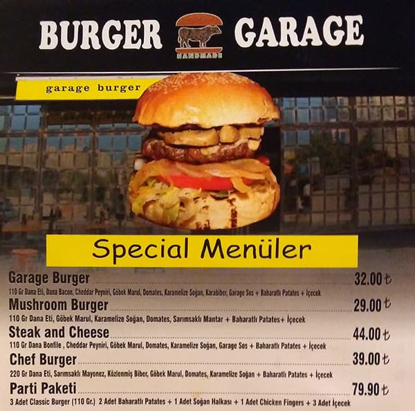 Menu at Garage Burger, Istanbul,