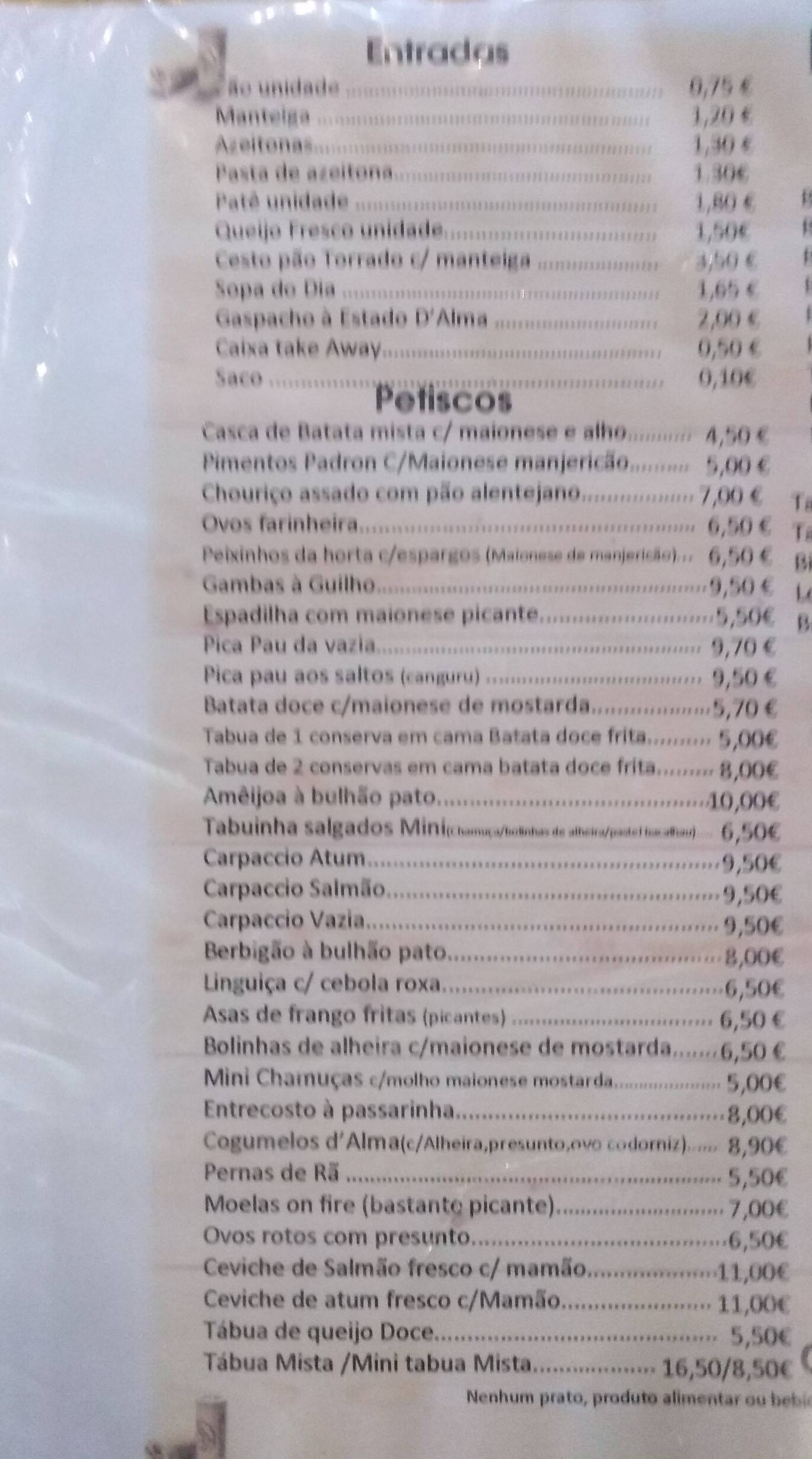 Estado D'Alma, Alcântara Menu