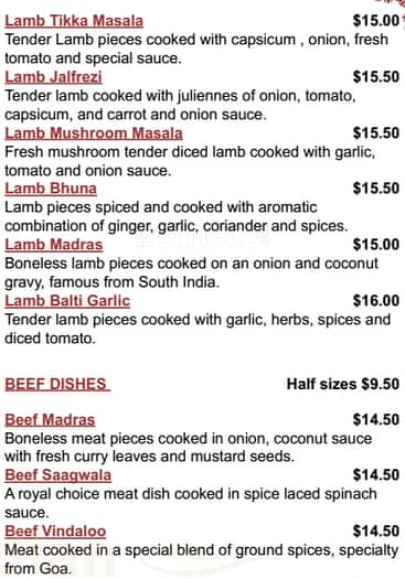 Menu at Indian Indulgence restaurant, Palmerston North