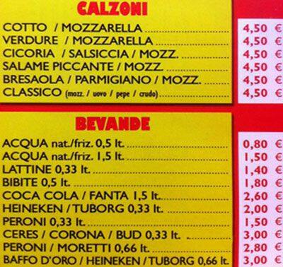 Speisekarte von Pizza Mondo, ROM
