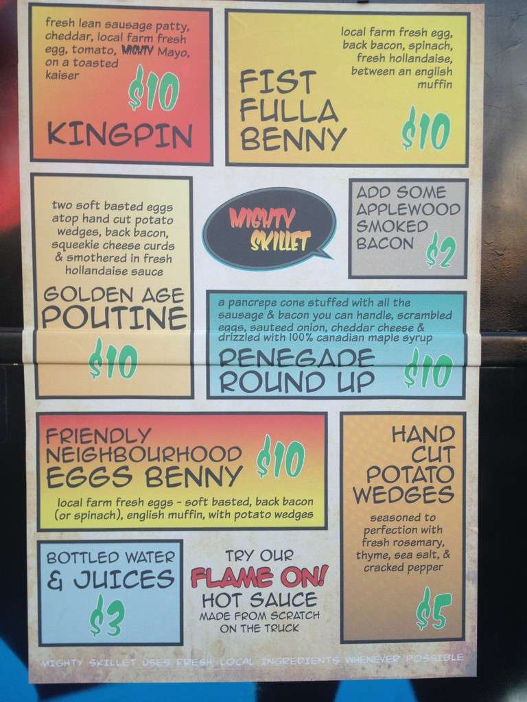 Menu at Mighty Skillet, Calgary, Food Truck