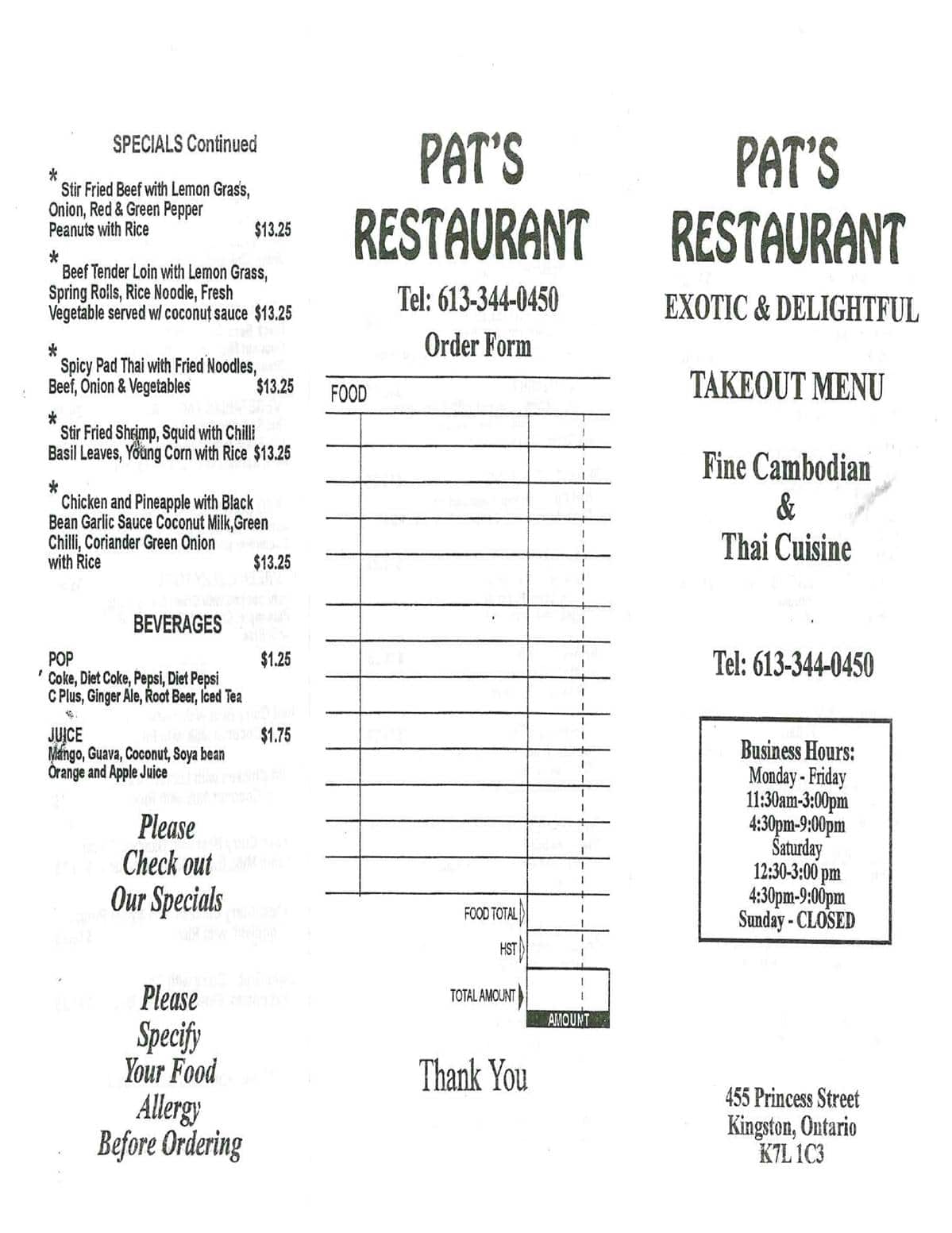 Pat's Restaurant Menu, Menu v reštaurácii Pat's Restaurant, Kingston