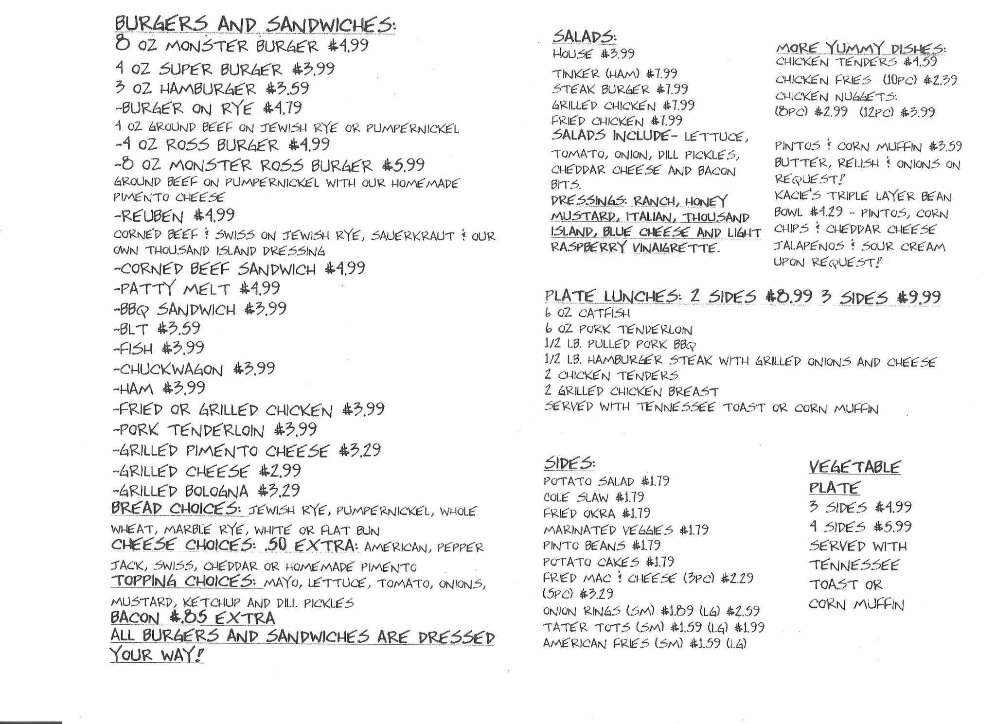 Menu at Becky's Grocery and Grill restaurant, Maryville