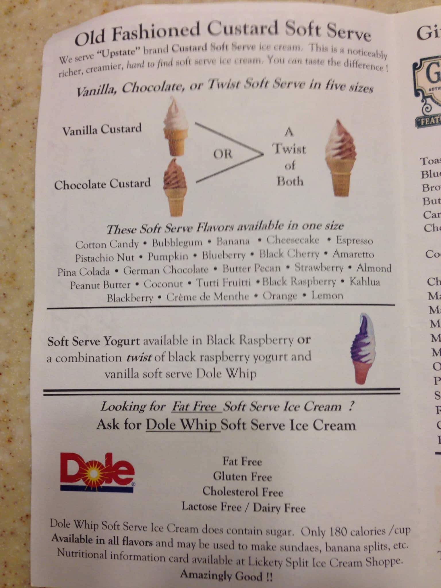 Menu of Lickety Split Ice Cream Shoppe, Dexter, Watertown