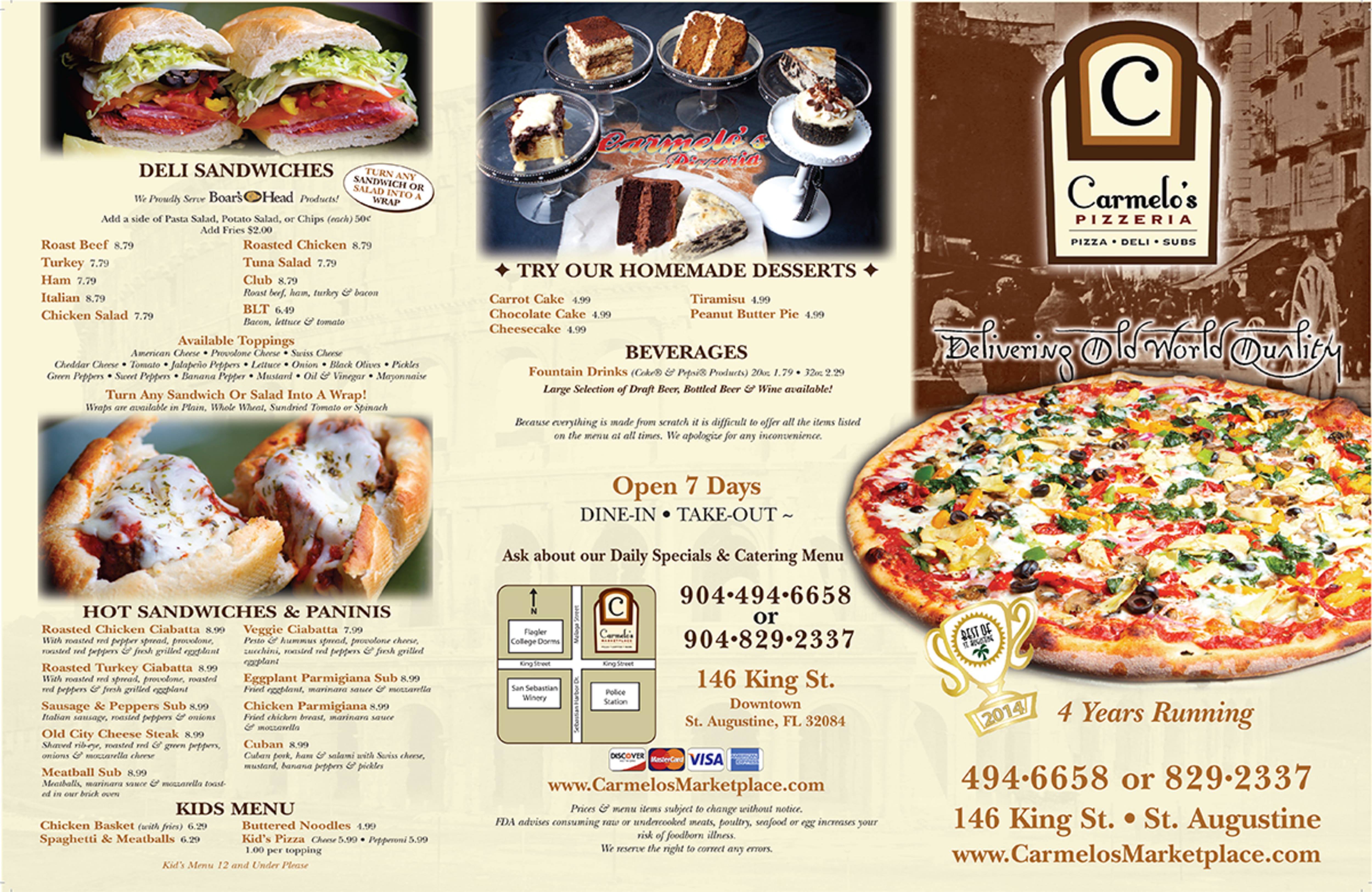 Menu at Carmelo's Pizzeria, St. Augustine