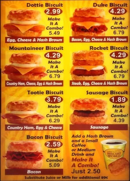 Menu at Tudor's Biscuit World fast food, Panama City