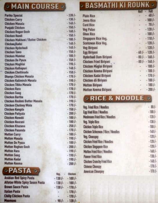 Menu of Parika Restaurant, Marnamikatte, Mangalore