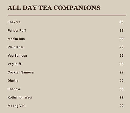 Wagh Bakri Tea Lounge menu