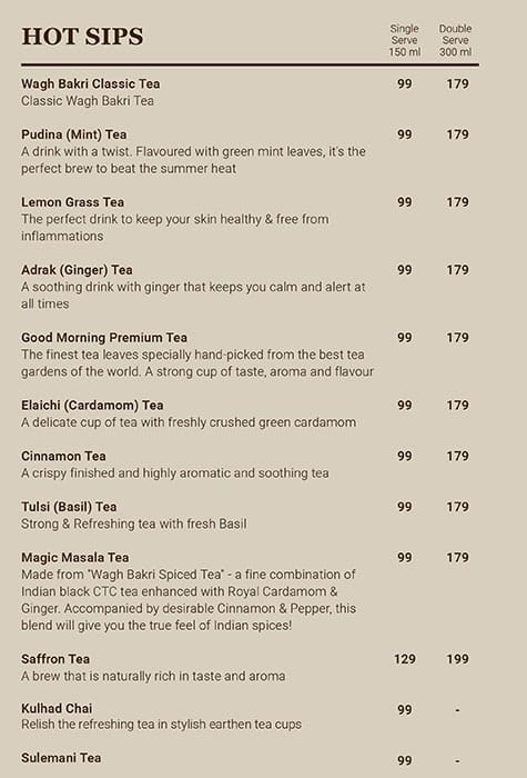 Wagh Bakri Tea Lounge menu