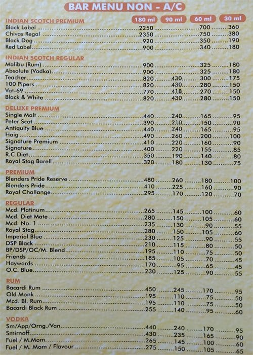 Menu at Regency, Thane