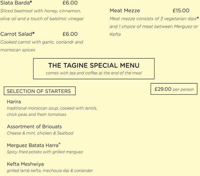 Menu at Tagine Restaurant, London, 3 Fernlea Rd