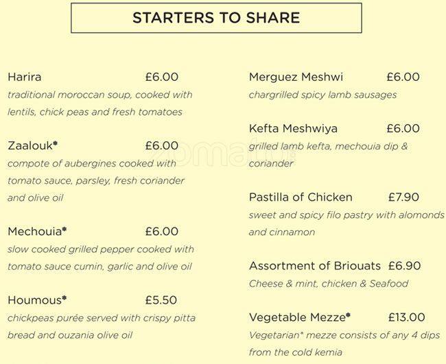 Menu at Tagine Restaurant, London, 3 Fernlea Rd
