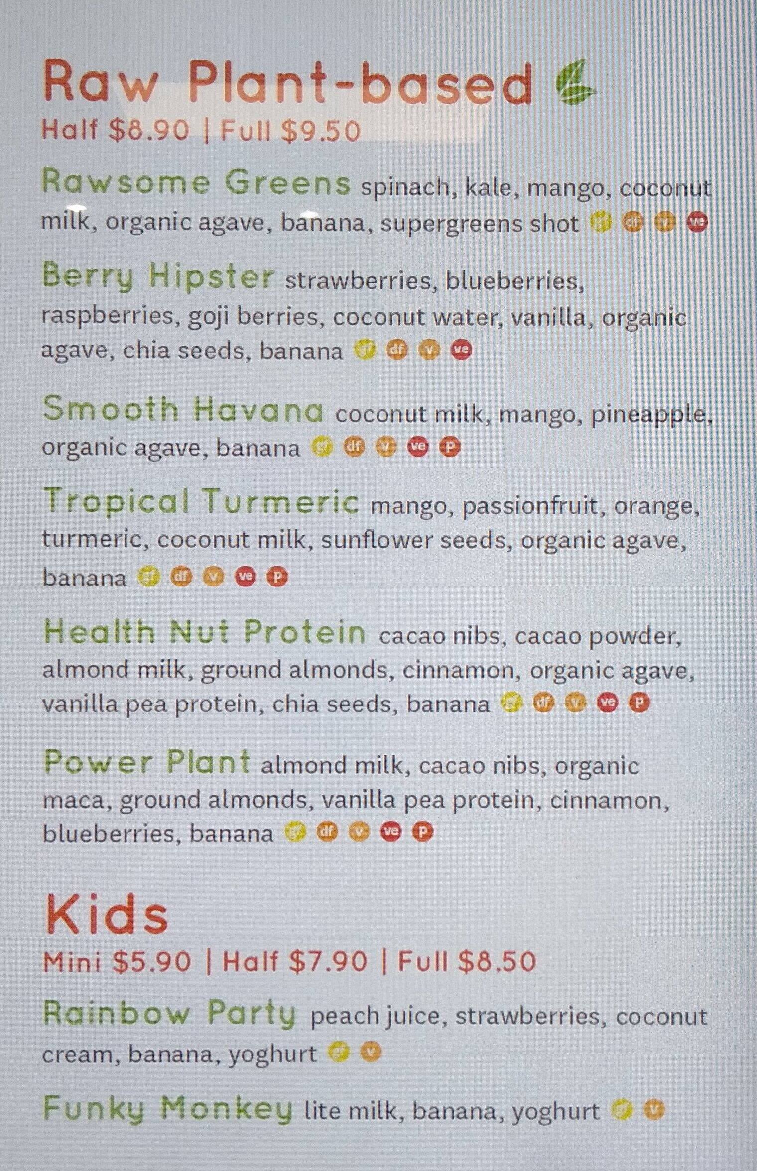 Menu at Tank Juice fast food, Auckland, Great North Road