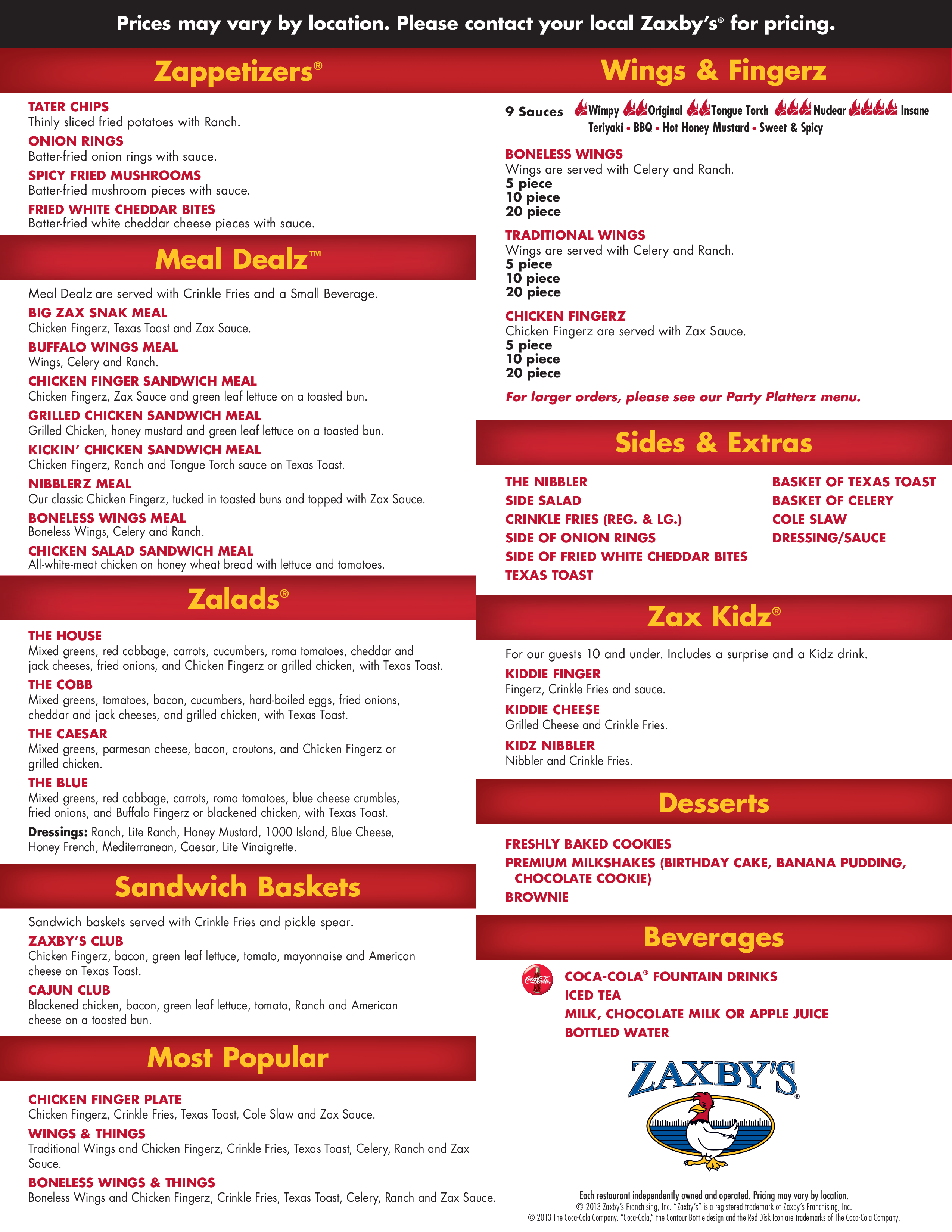 zaxby s menu menu for zaxby s fleming island jacksonville