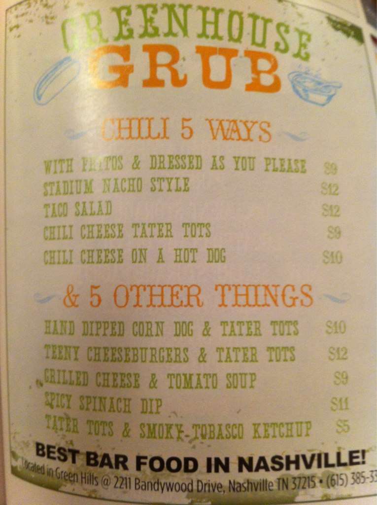 Menu at Greenhouse Bar, Nashville