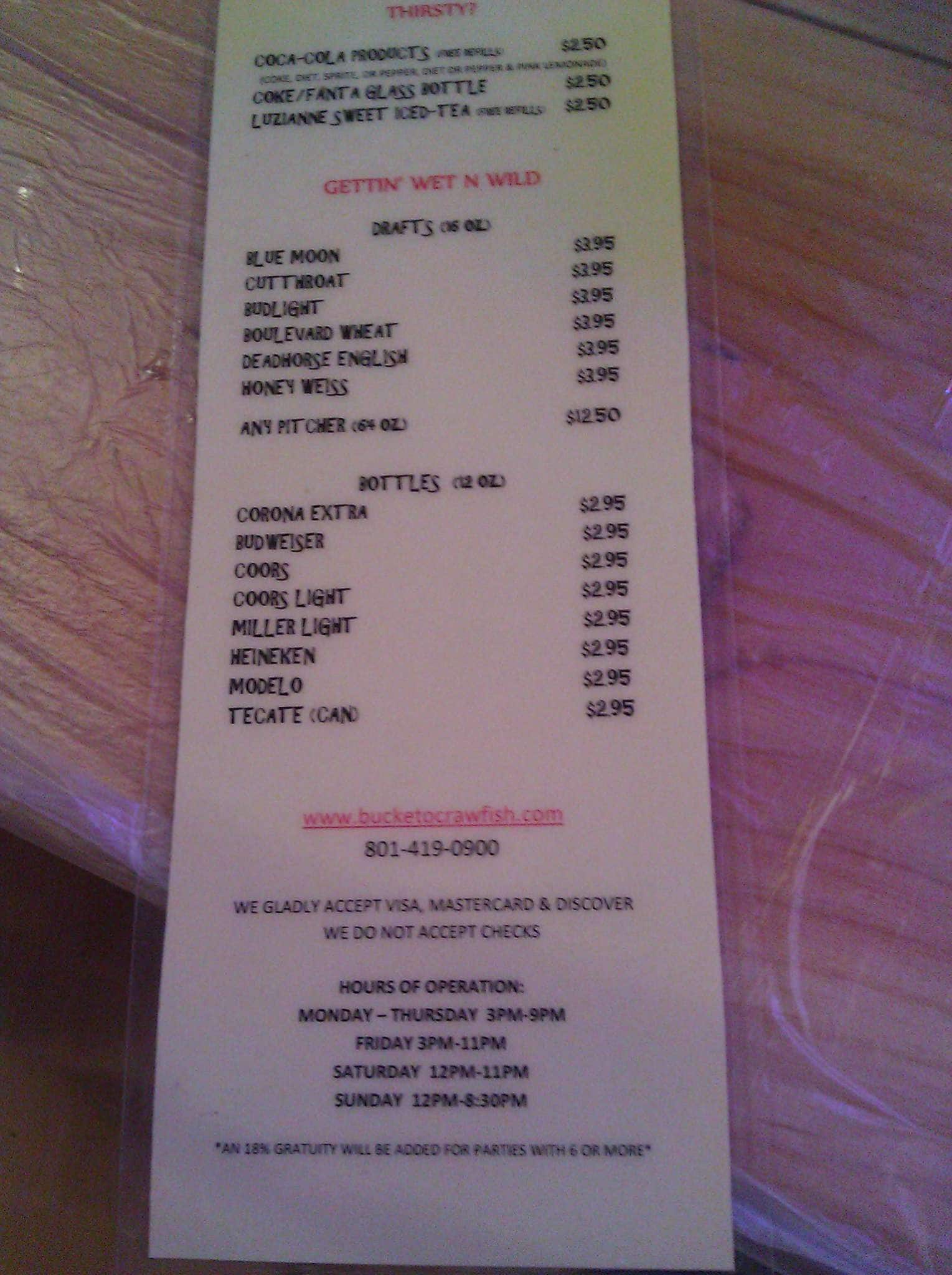 Menu at Bucket O' Crawfish restaurant, West Valley City