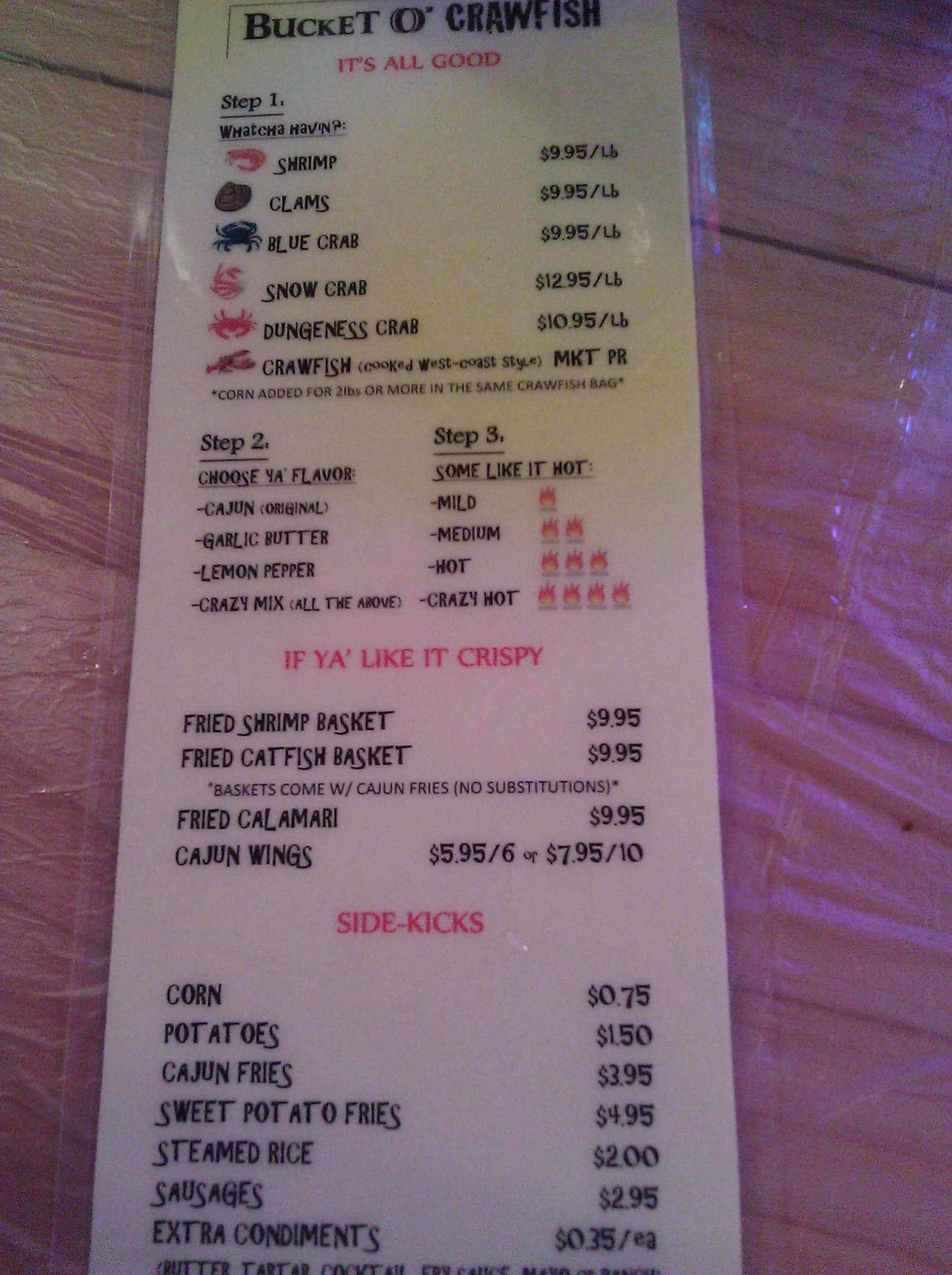 Menu at Bucket O' Crawfish restaurant, West Valley City