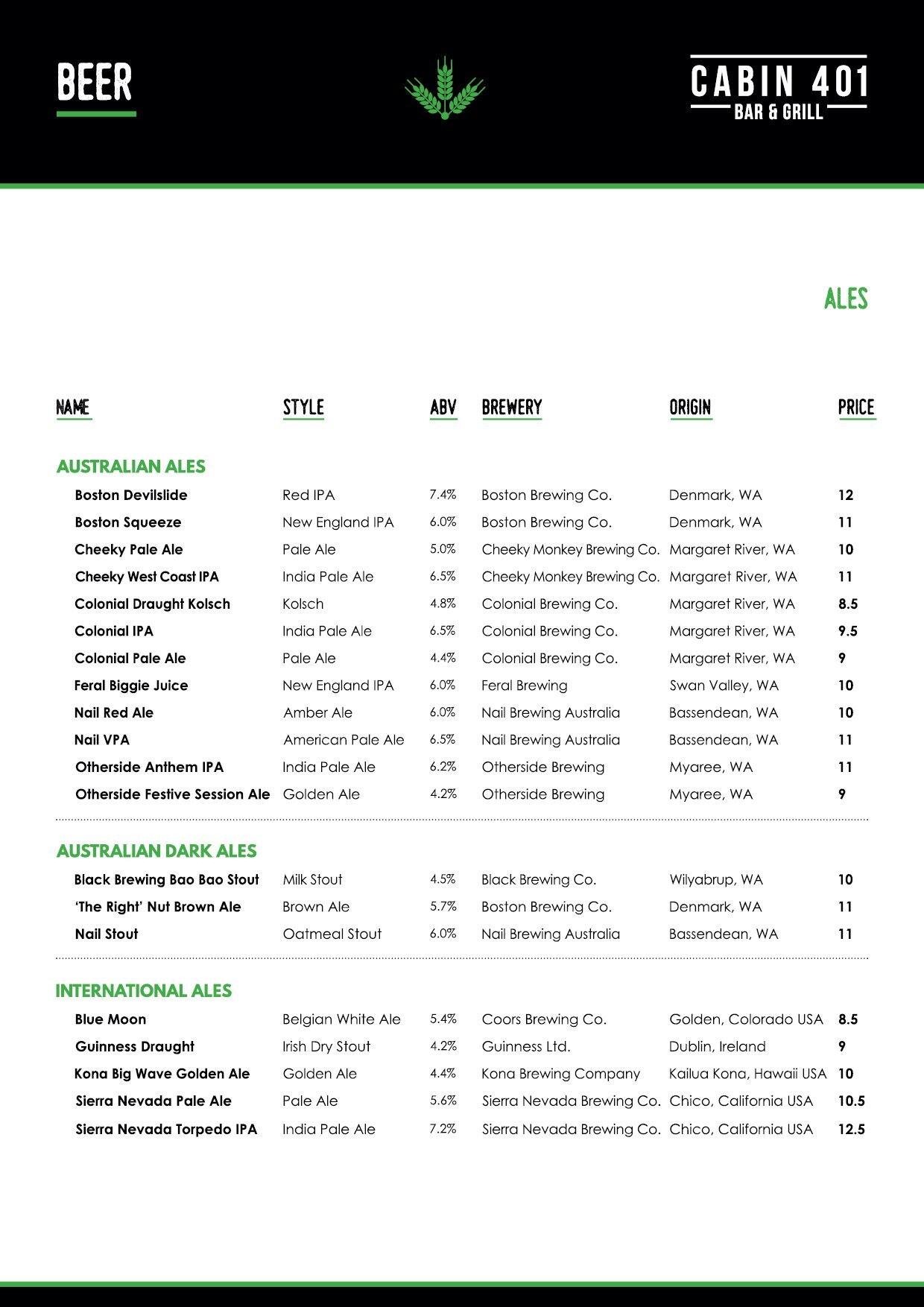 Menu at Cabin 401 Bar & Grill, Bibra Lake