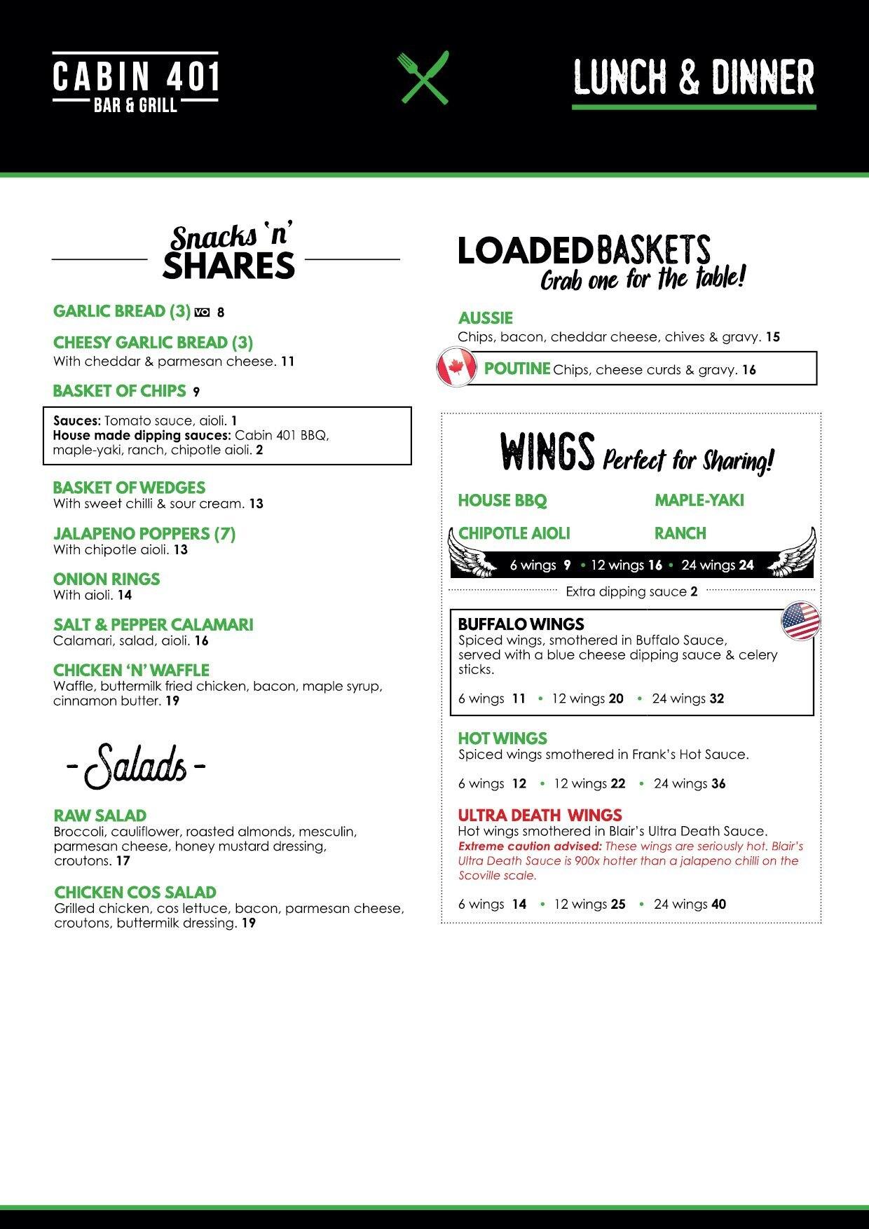 Menu at Cabin 401 Bar & Grill, Bibra Lake