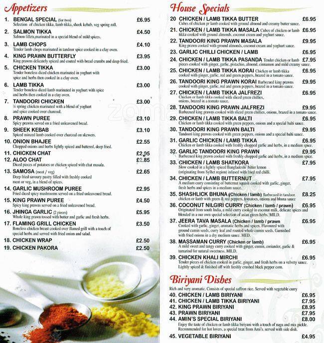 Bengal Menu, Menu for Bengal, Crouch End, London Zomato UK