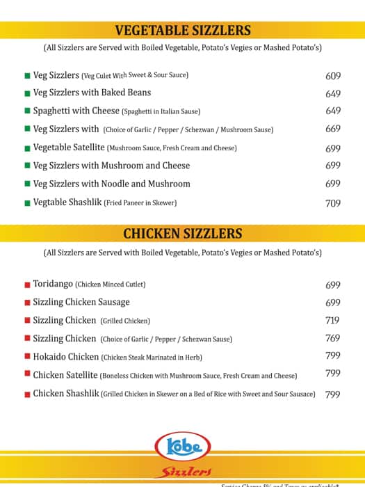 Kobe Sizzlers menu