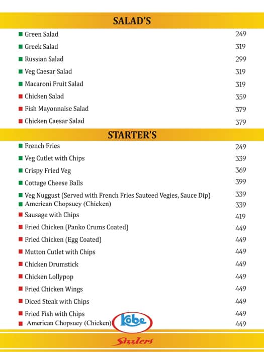 Kobe Sizzlers menu