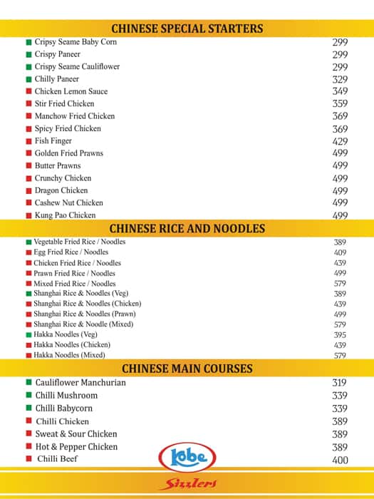 Kobe Sizzlers menu