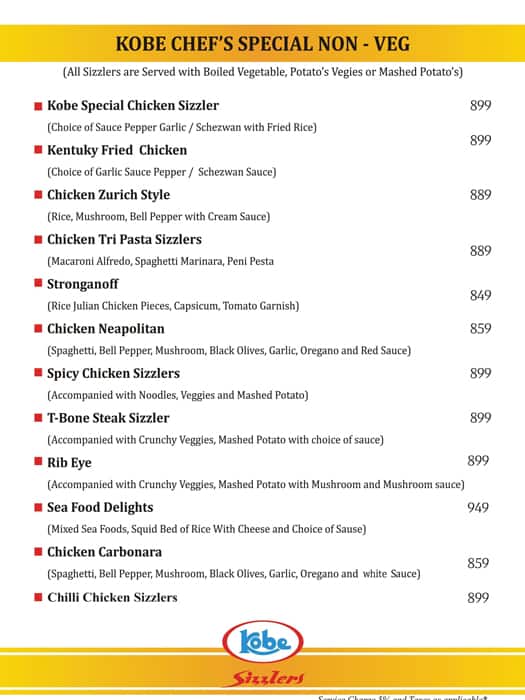 Kobe Sizzlers menu