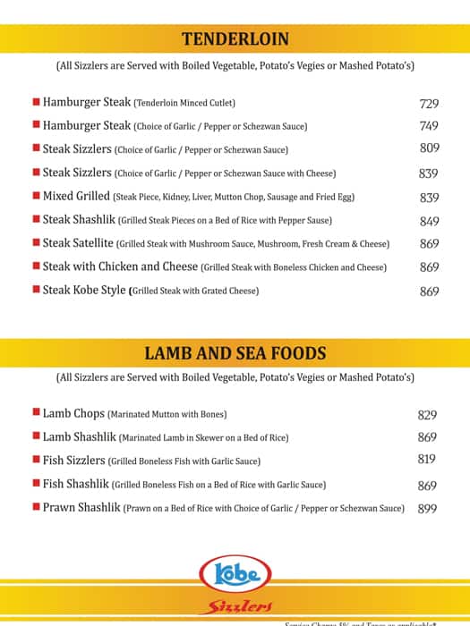 Kobe Sizzlers menu