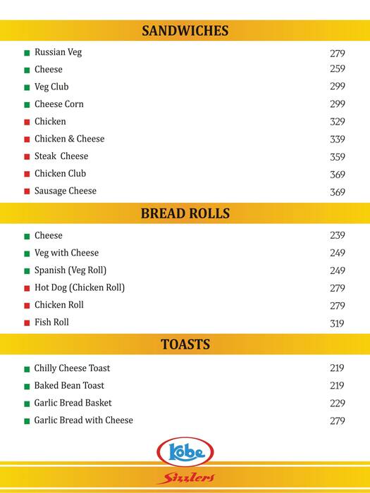 Kobe Sizzlers menu