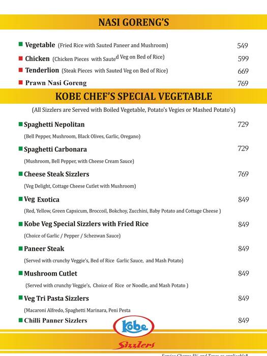 Kobe Sizzlers menu