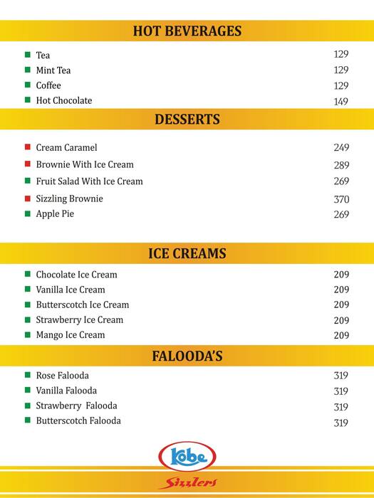 Kobe Sizzlers menu