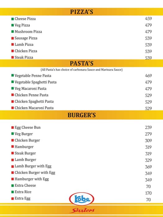 Kobe Sizzlers menu