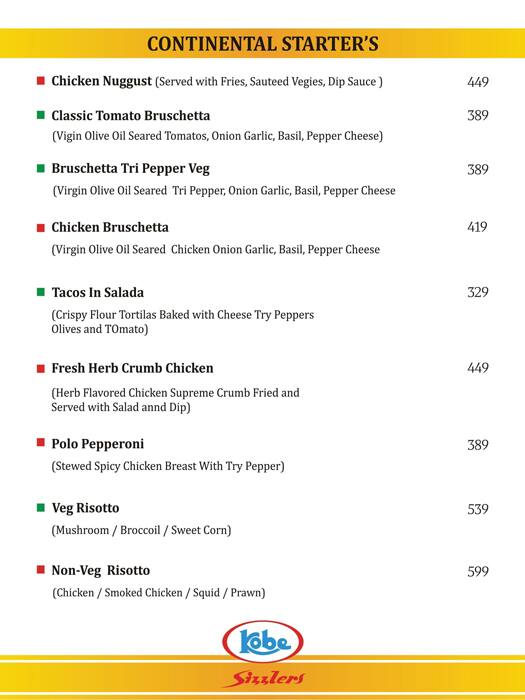 Kobe Sizzlers menu