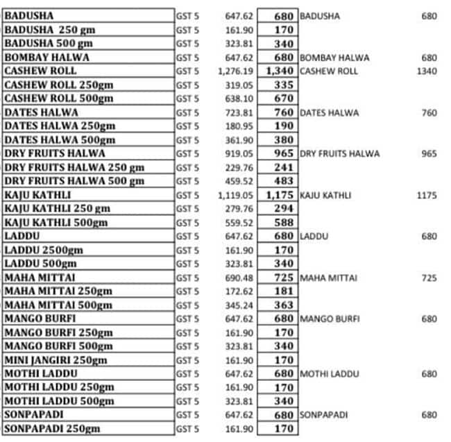 Sri krishna sweets menu