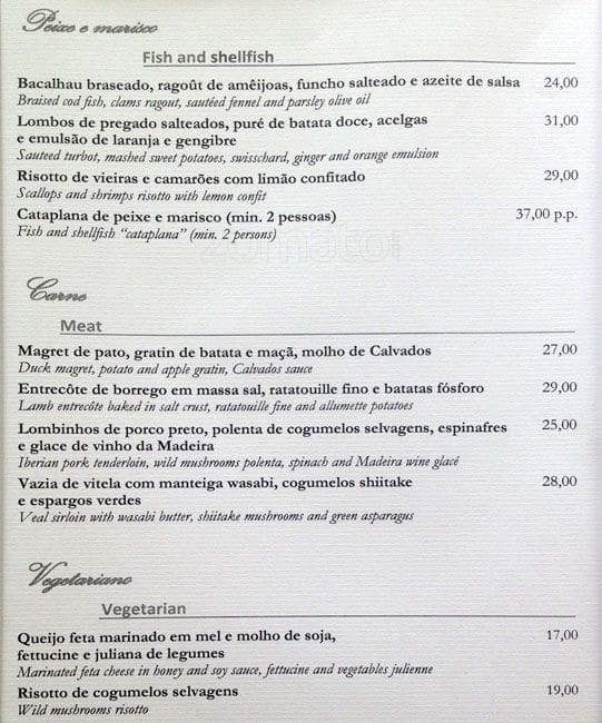 Menu em Four Seasons Grill restaurante, Estoril
