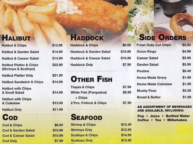 Menu at Mary’s Fish and Chips restaurant, Markham, Hwy 7