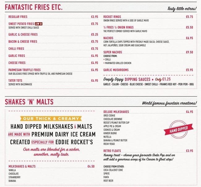 Carta del restaurante Eddie Rocket's, Dublin, The Parnell Centre